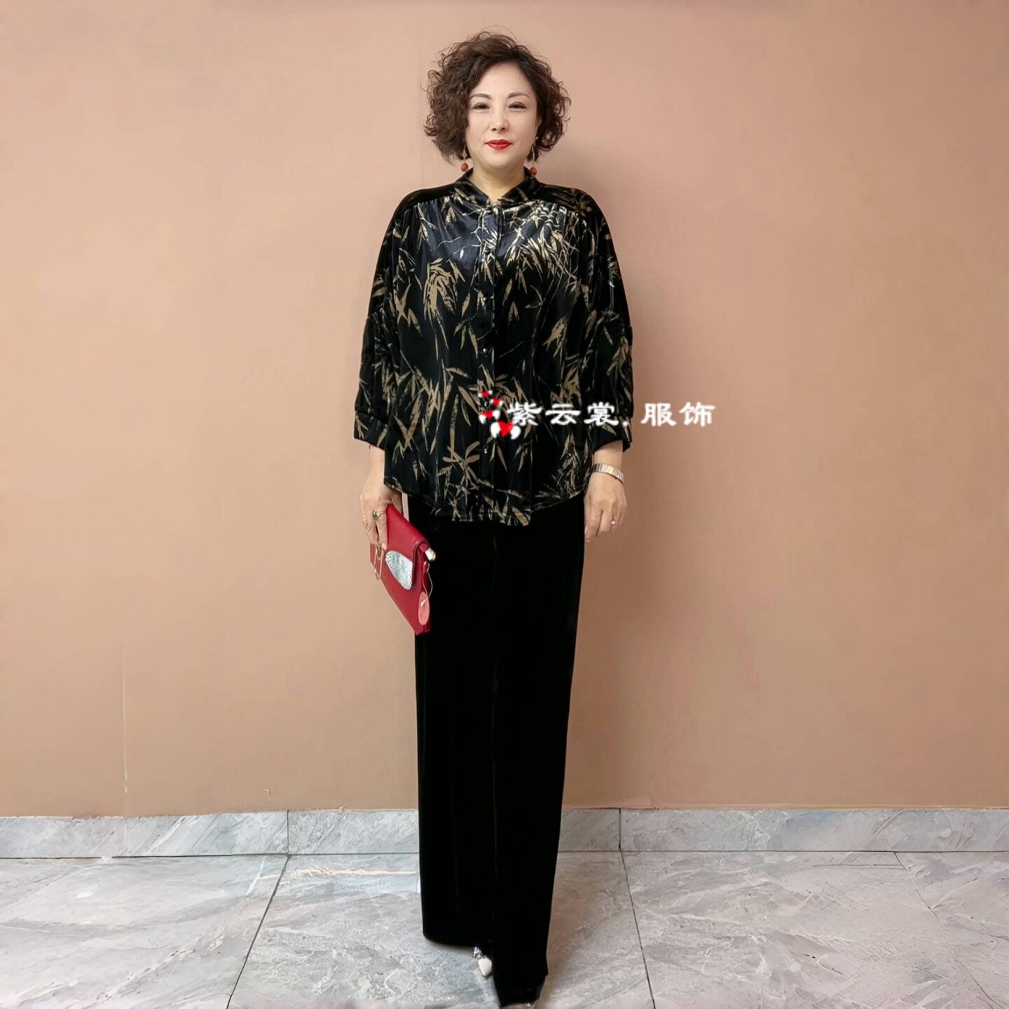 中老年时尚竹叶金丝绒上衣秋装新款胖妈妈立领气质印花宽松套装
