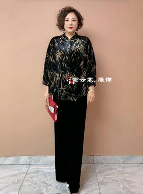 中老年时尚竹叶金丝绒上衣秋装新款胖妈妈立领气质印花宽松套装
