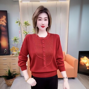 高端气质中年妈妈蕉麻烫钻圆领针织衫上衣宽松显瘦打底衫遮肉毛衣