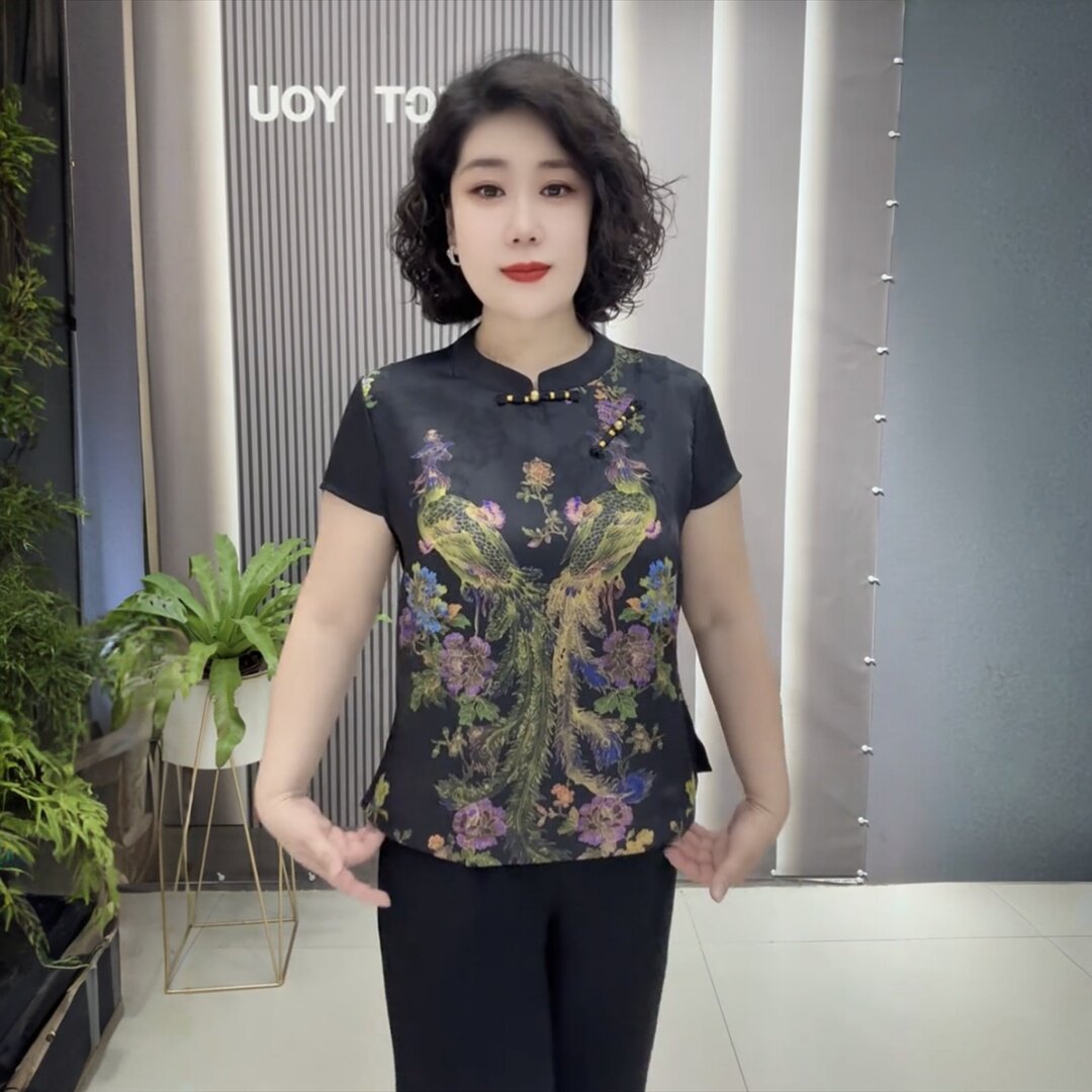 高端夏季醋酸缎定位花短袖洋气复古旗袍衫上衣宽松遮肉大码小衫女