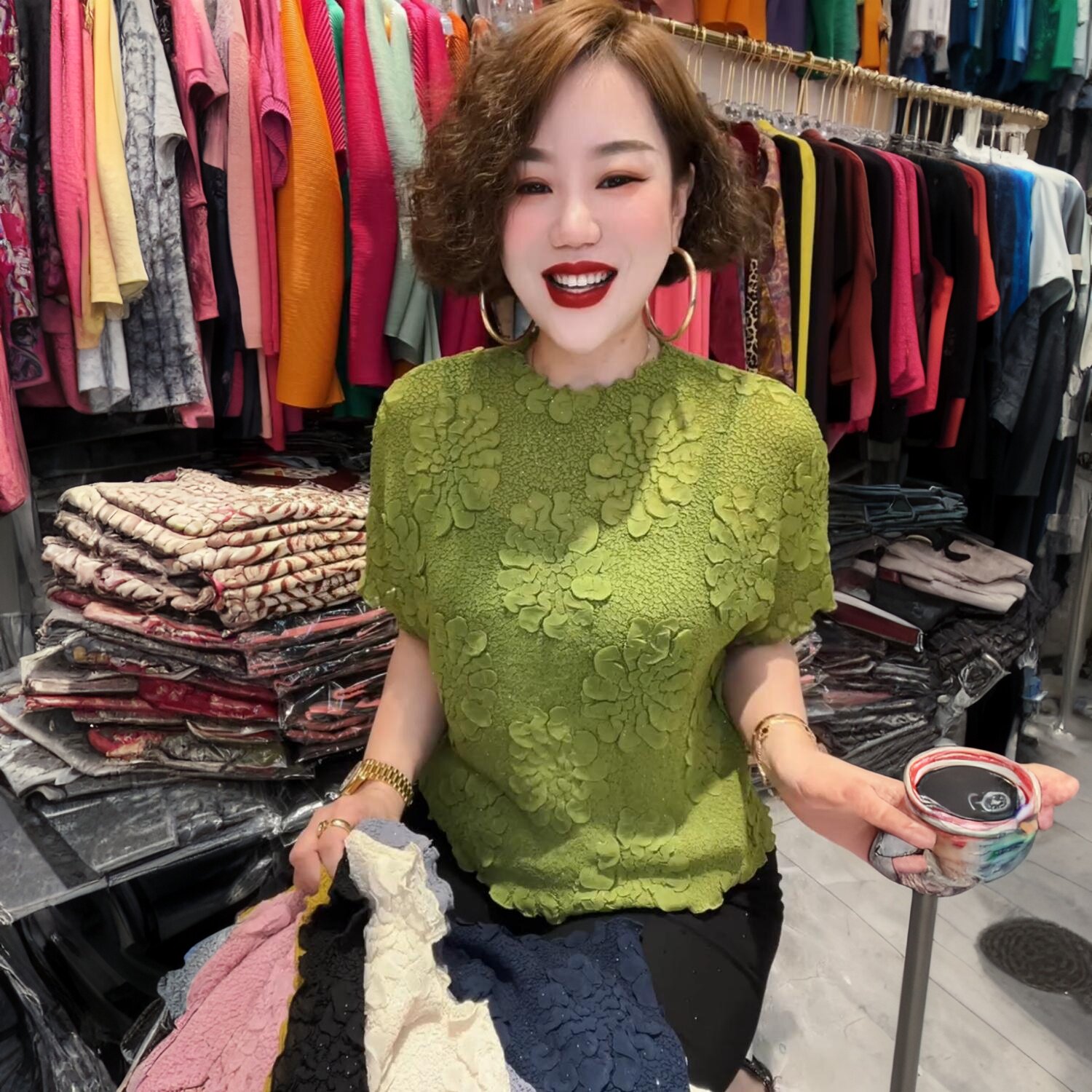 夏季短袖新款时尚立体花T恤褶皱小衫宽松洋气百褶高弹大码上衣女