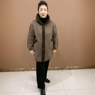 中老年妈妈冬季新款加厚连帽加绒羊羔毛保暖双面穿中长款风衣外套