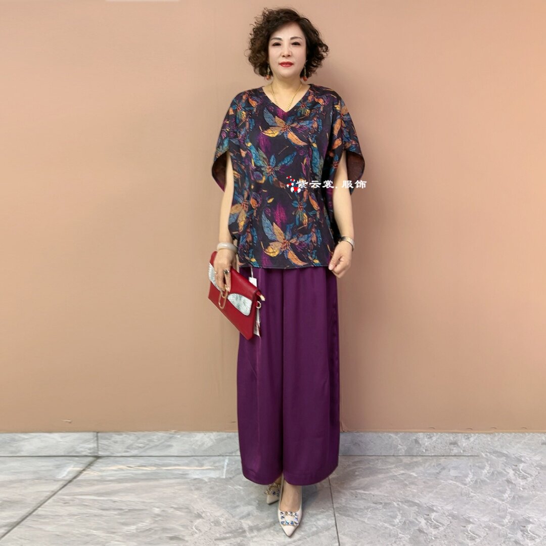 夏季宽松休闲大码洋气醋酸缎遮肉显瘦蝙蝠袖上衣妈妈时尚两件套装