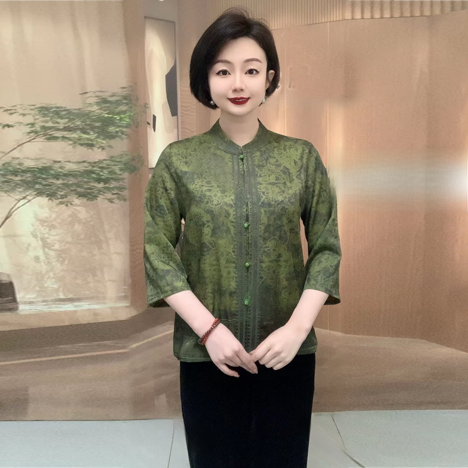 高端夏季醋酸丝缎旗袍衫中年妈妈宽松显瘦大码衬衫七分袖薄款上衣