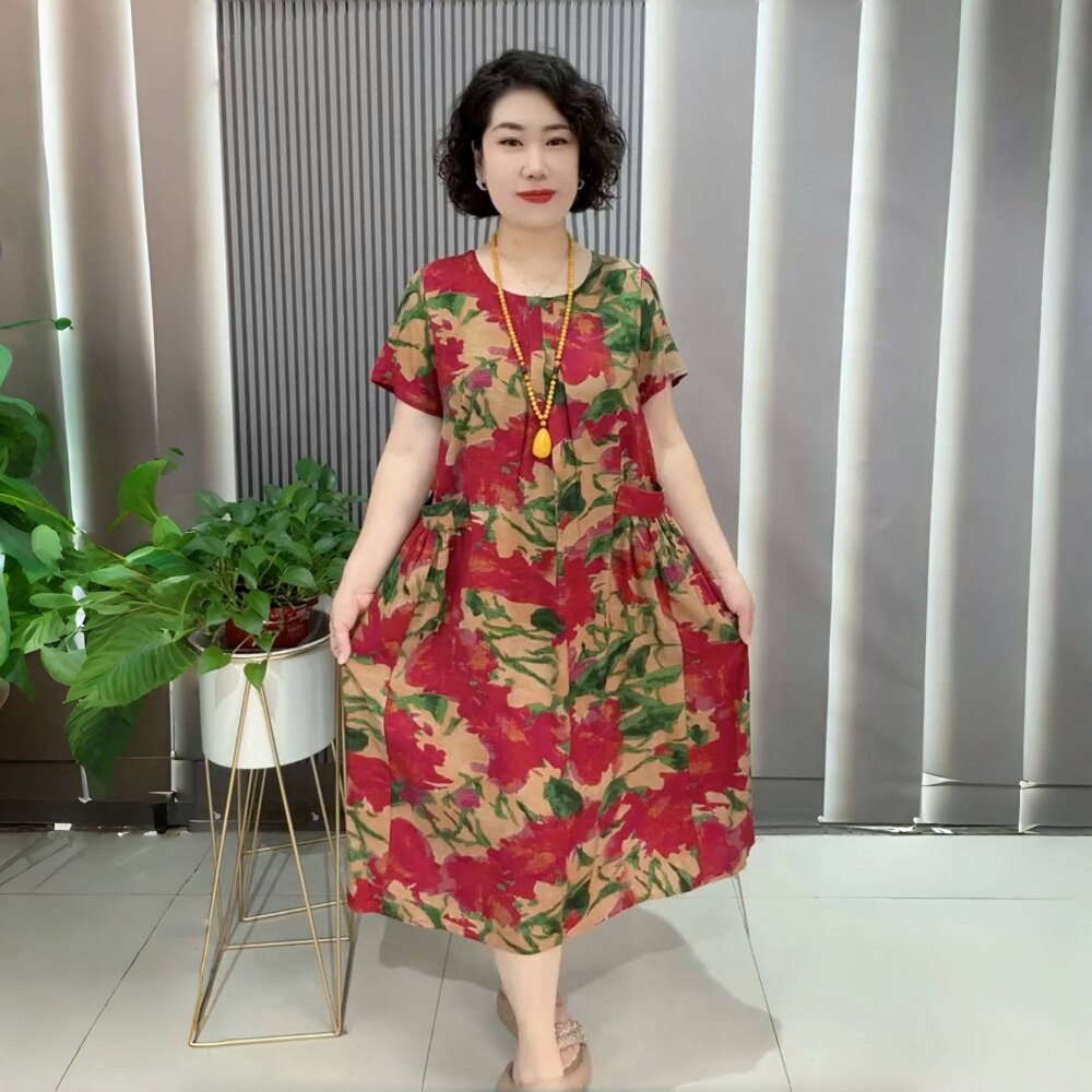 时尚气质高端中老年妈妈夏棉麻洋气大码长款遮肚子显瘦短袖连衣裙