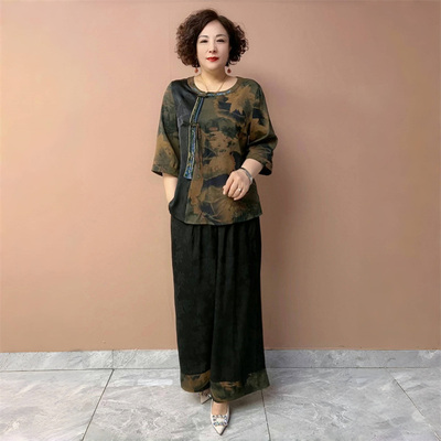 新中式真丝上衣夏季新款宽松休闲遮肉大码洋气中老年妈妈两件套装