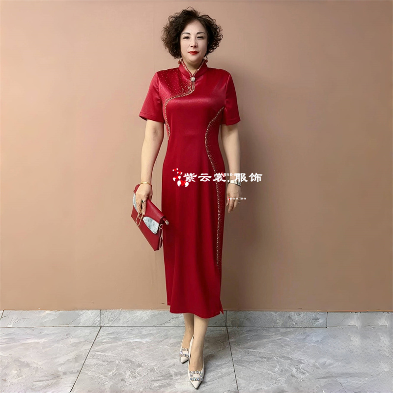 喜婆婆婚宴装夏季短袖妈妈礼服订婚装丈母娘结婚新中式旗袍连衣裙