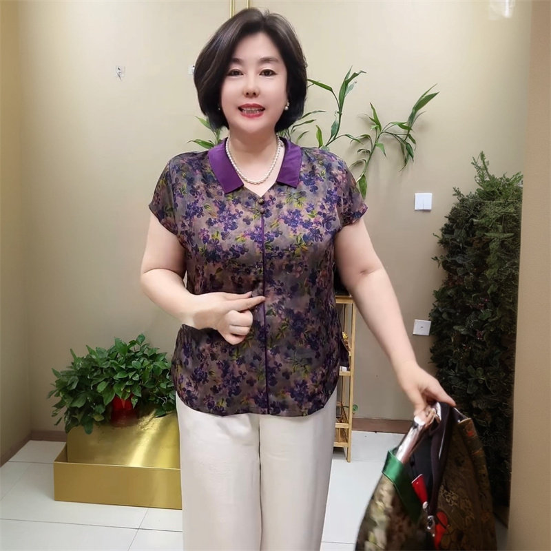 夏季短袖新款真丝上衣中老年宽松短款小个子妈妈装娃娃领减龄衬衫