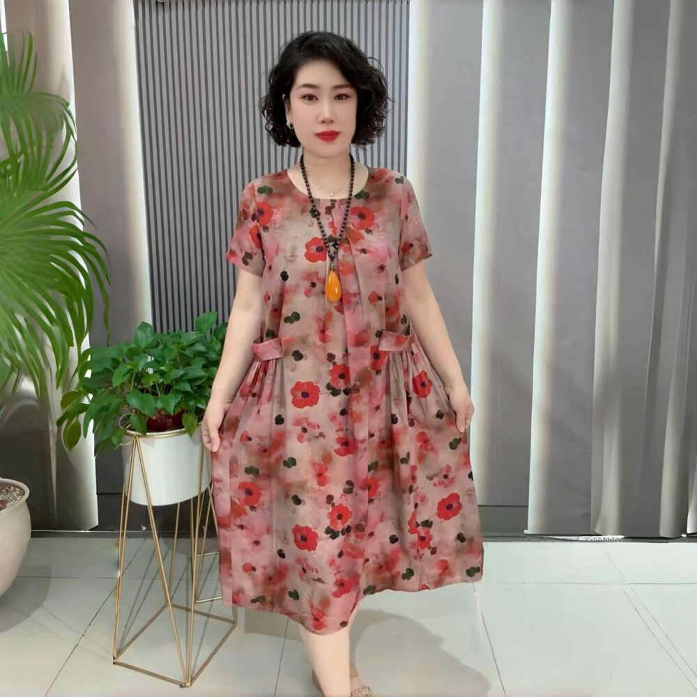 中老年夏装棉麻中长款过膝加肥大码宽松胖妈妈装200斤特体连衣裙