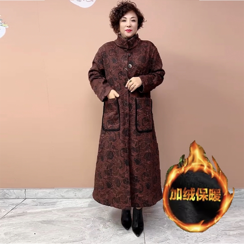 冬季加绒加厚长款大衣气质减龄中老年妈妈装大码风衣保暖洋气外套