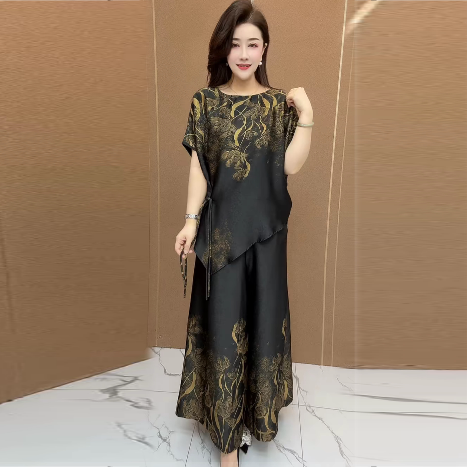 夏季新款短袖时尚大码宽松妈妈遮肉个性不规则上衣阔腿裤两件套装