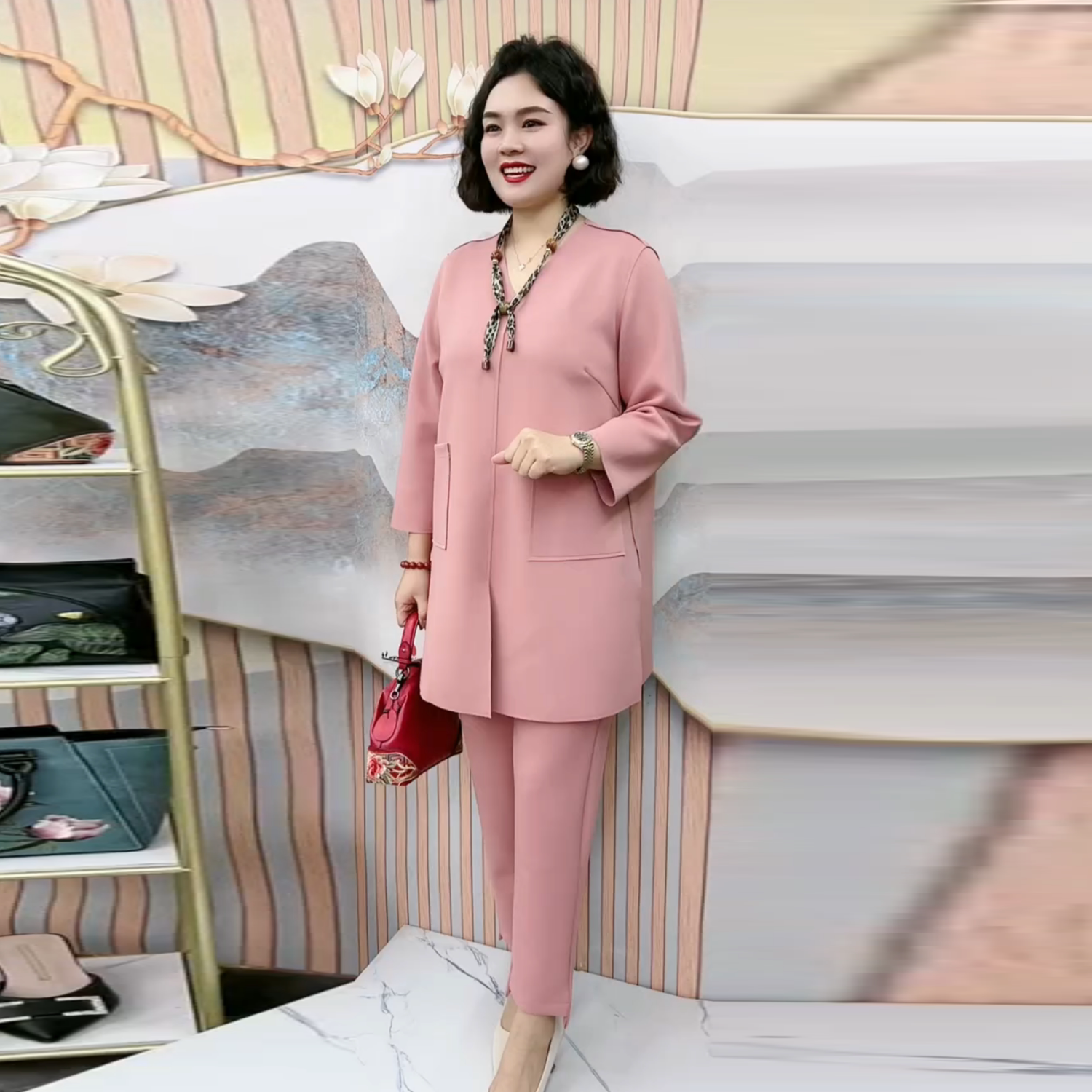 时尚春秋年轻妈妈宽松遮肚子中长款大版衫空气棉弹力纯色两件套装