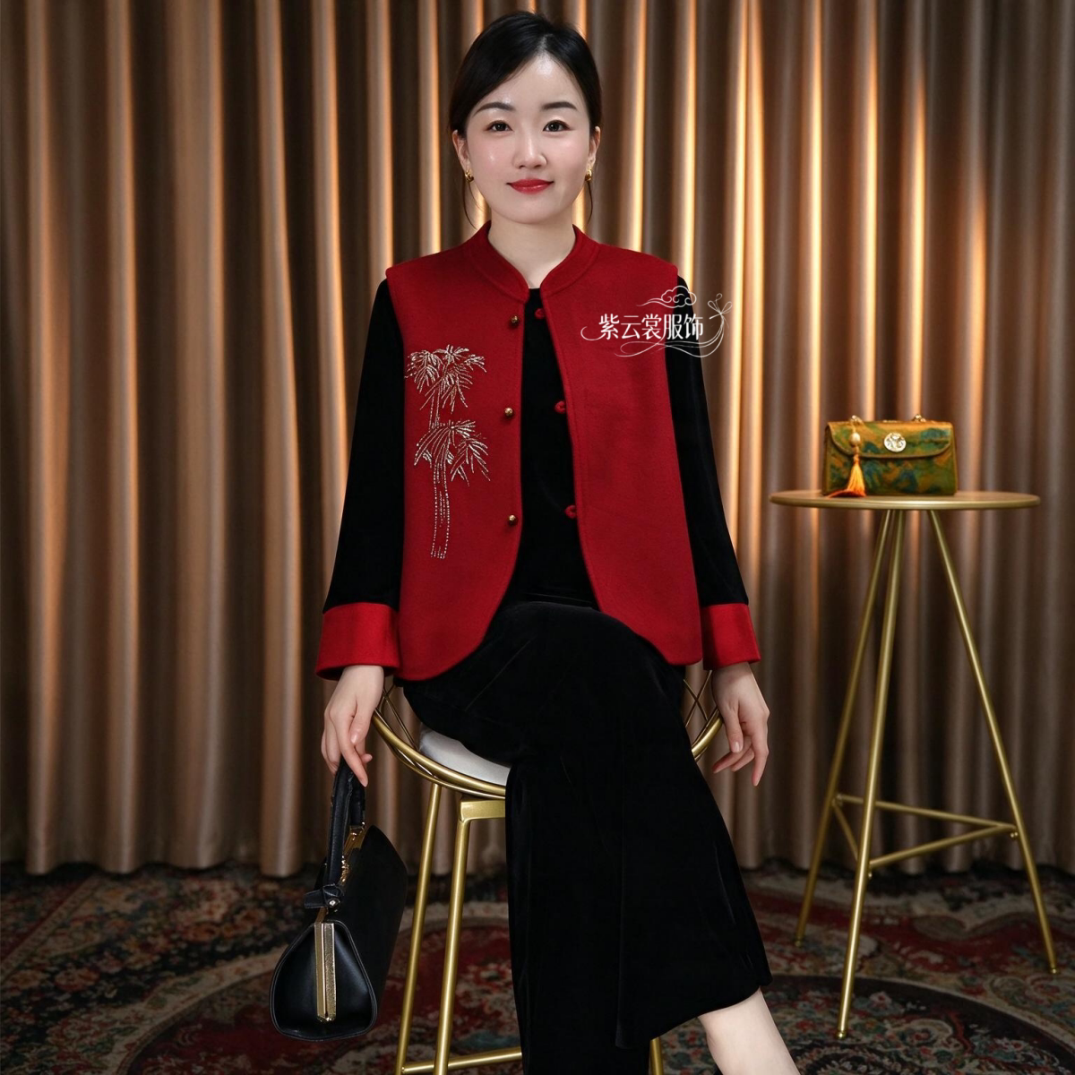 秋冬中年妈妈复古绣花国风毛呢马夹加厚宽松显瘦马甲坎肩洋气套装