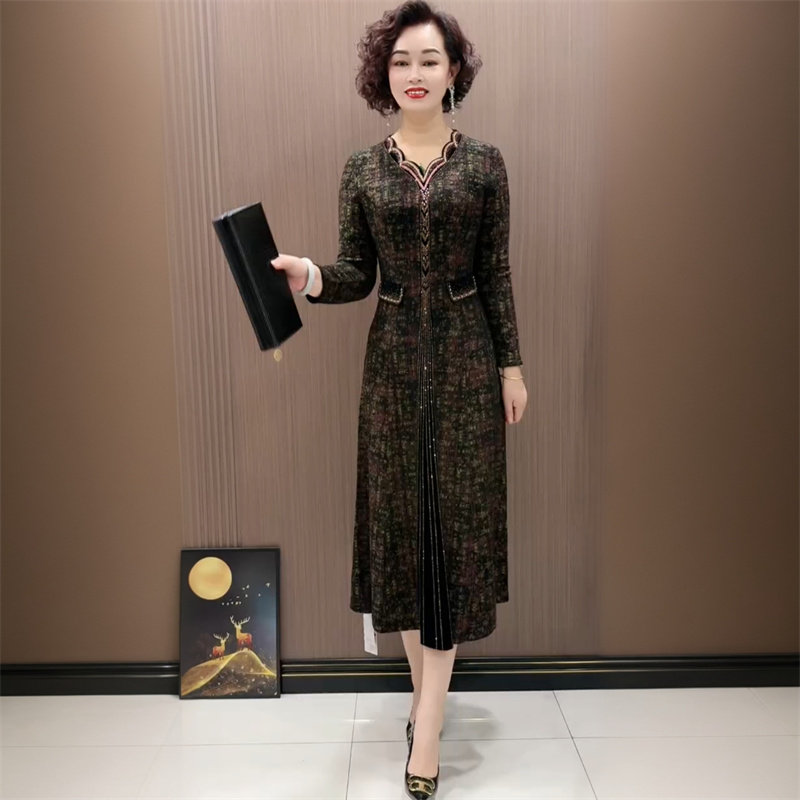 高端气质年轻妈妈春季新款长袖弹力收腰显瘦遮肚子长款烫金连衣裙
