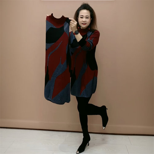 春秋冬新款洋气半高领针织大版衫宽松弹力中长款打底洋气毛衣裙女