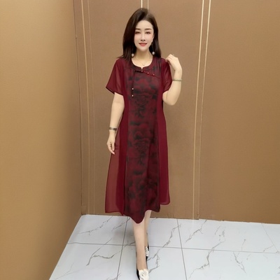 阔太太高端时尚洋气中老年妈妈假两件真丝连衣裙夏季短袖大码长裙