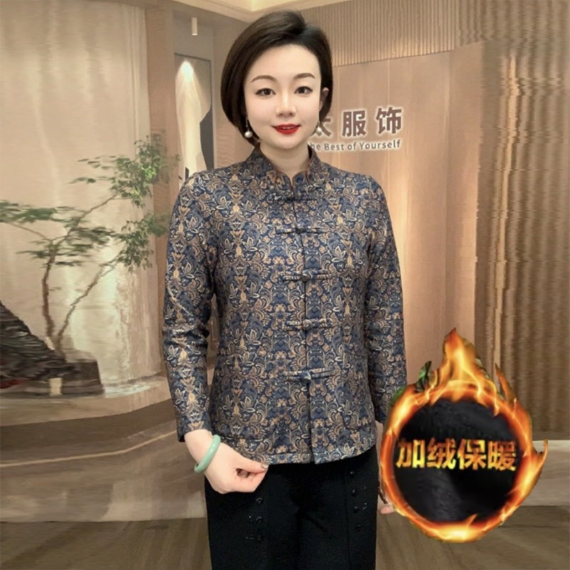 花瓣领冬季加绒保暖中老年妈妈宽松大码开衫双面德绒加厚洋气外套