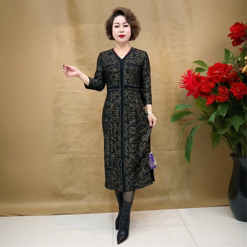 典云间春季新款年轻妈妈长袖弹力收腰显瘦过膝气质大码长款连衣裙