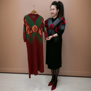 气质年轻妈妈针织连衣裙春秋宽松大码 打底毛衣裙 遮肚过膝显瘦长款