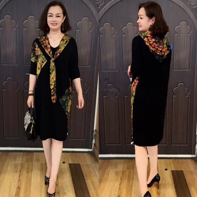 春秋时尚减龄中老年妈妈装宽松遮肉休闲大码中长款冰麻针织连衣裙