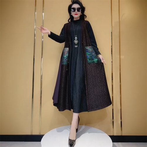 春秋新款复古高端女士中年时尚洋气宽松气质减龄洋气长款马甲开衫