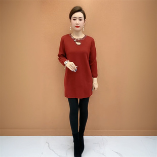 宽松遮肉中长款 衫 休闲打底毛衣裙女 洋气针织烫钻大版 中年妈妈时尚