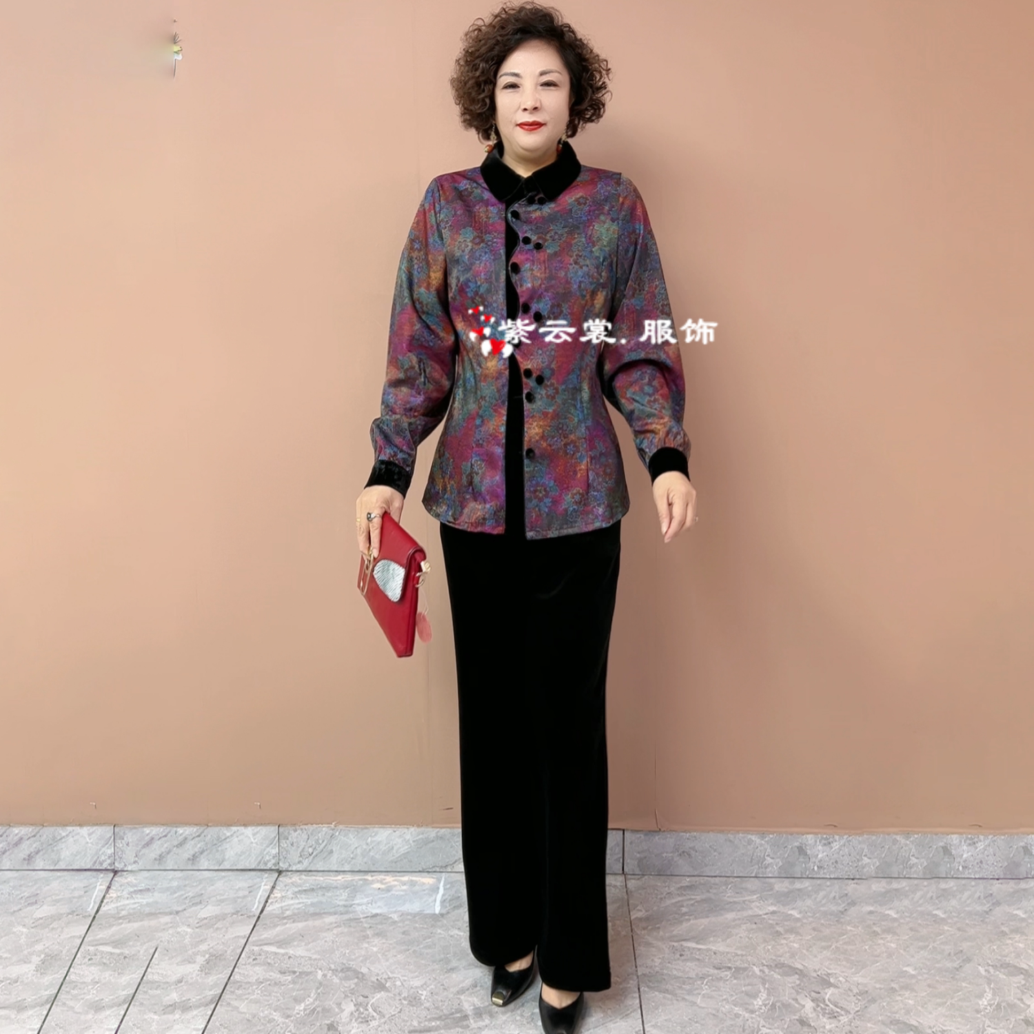 中老年妈妈春秋翻领拼接丝绒长袖衬衫真丝t恤阔腿裤时尚两件套装