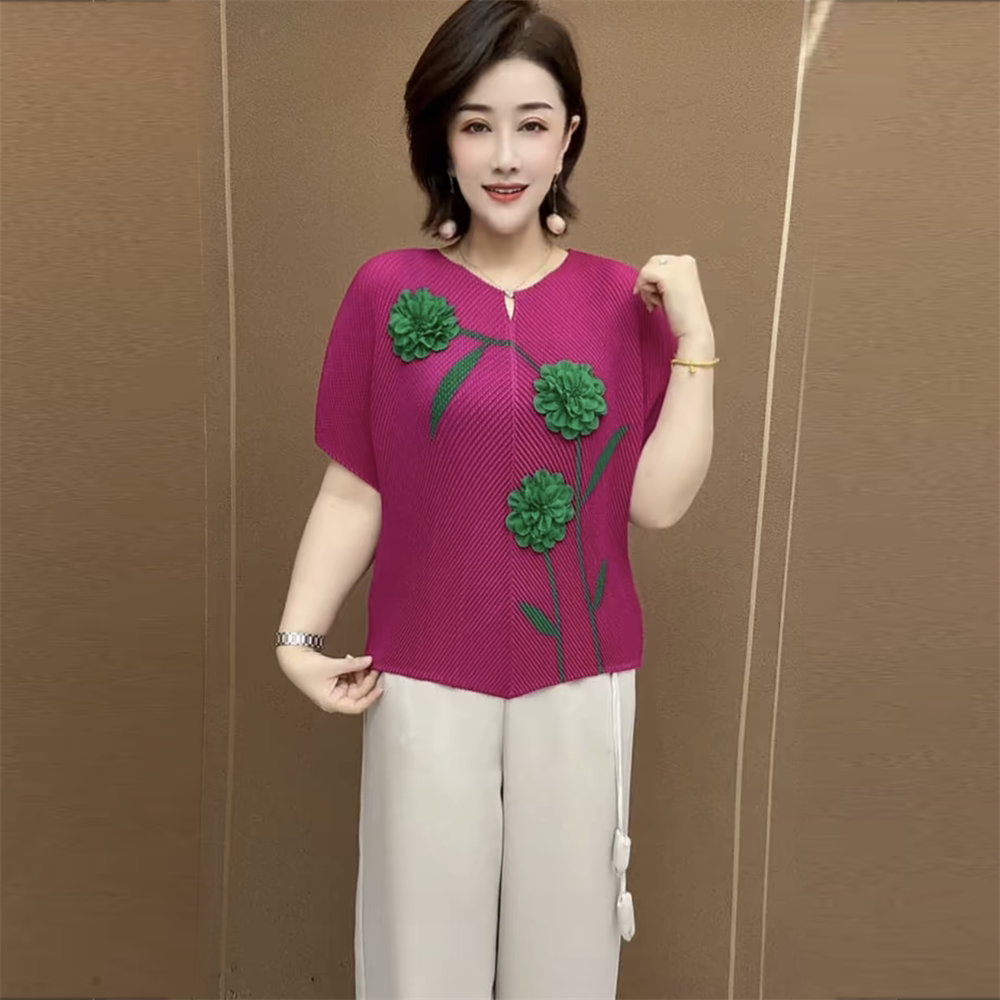 夏季短袖时尚立体花T恤褶皱小衫宽松洋气百褶高弹大码气质上衣女