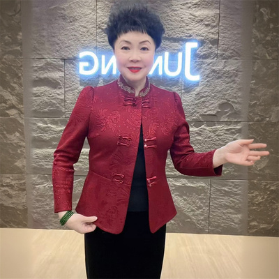 年货中老年妈妈提花加绒保暖上衣本命年红色改良洋气旗袍开衫外套