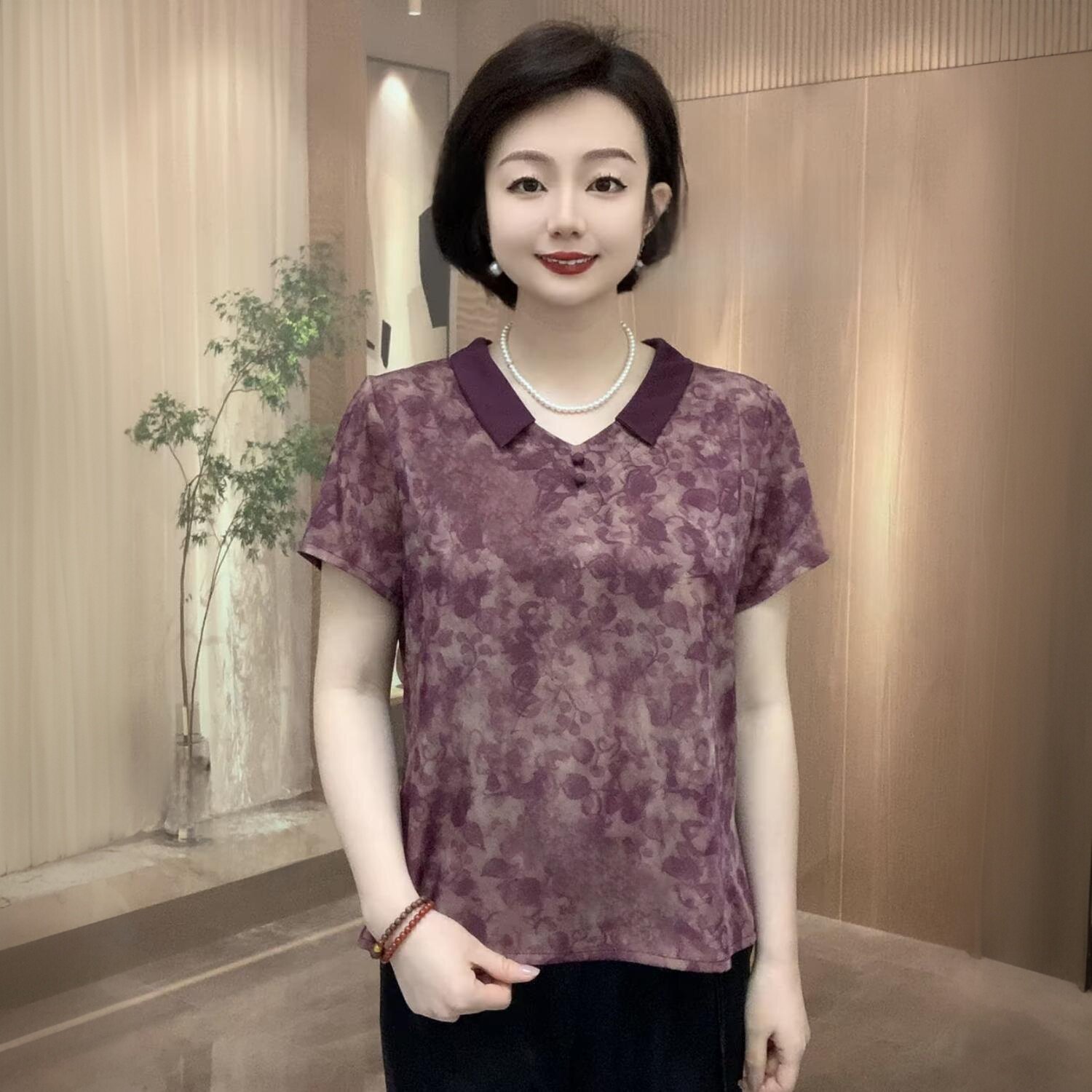 夏季短袖醋酸上衣宽松时尚洋气妈妈装娃娃领减龄衬衫女士旗袍小衫