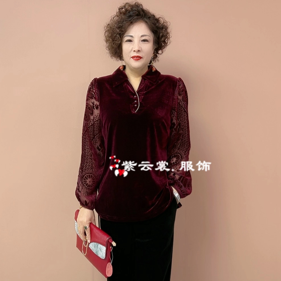 中老年妈妈春秋翻领丝绒钩花拼接长袖t恤衫时尚洋气大码打底小衫