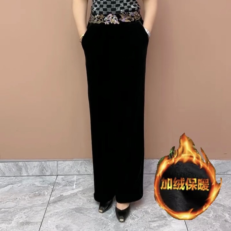 冬季窄版阔腿裤中老年妈妈绣花黑色金丝绒高档不倒绒大码直筒长裤