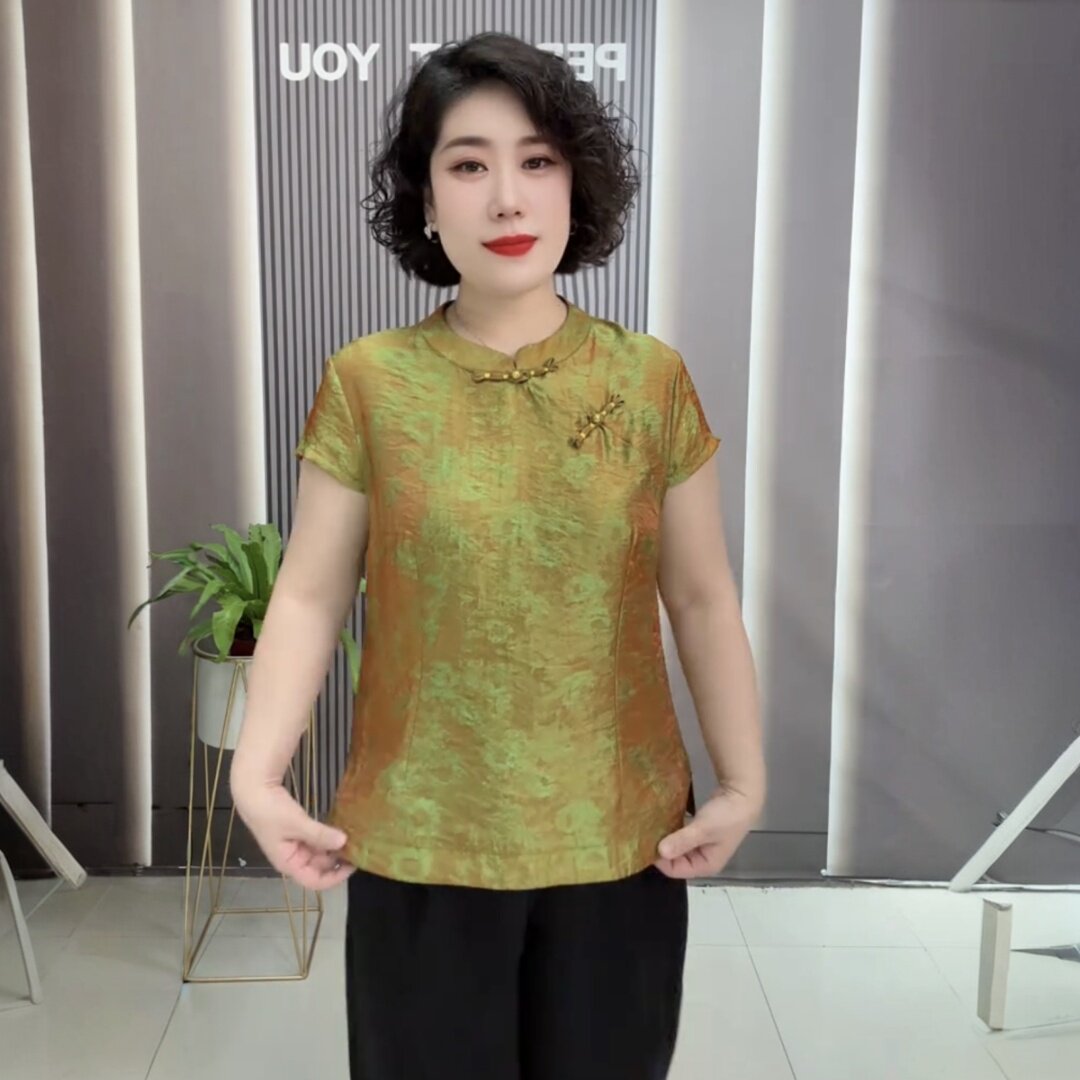 夏季短袖洋气旗袍衫中老年妈妈小衫宽松百搭气质遮肉显瘦贵气上衣