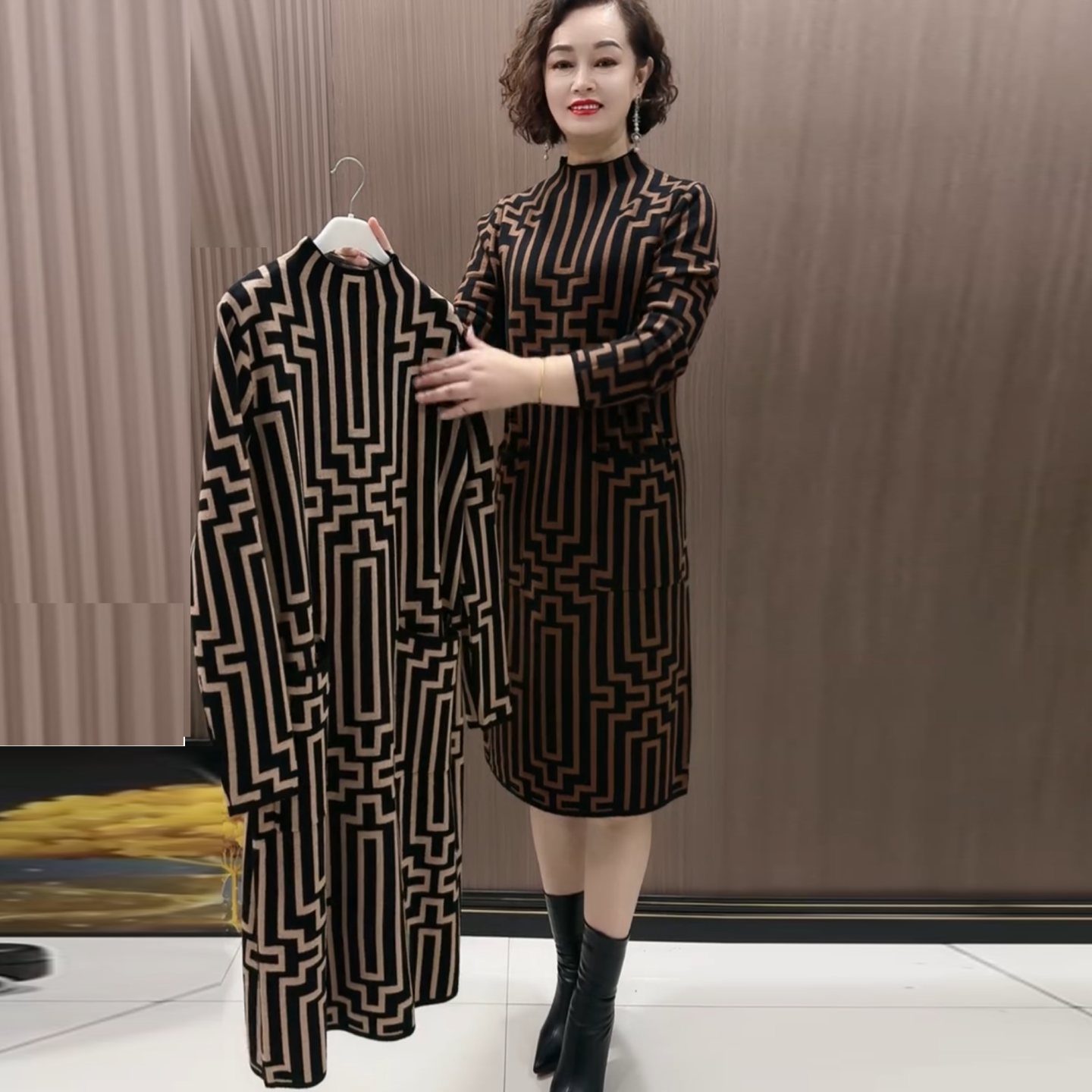 秋冬妈妈装复古长袖针织大气洋气减龄气质过膝长款打底毛衣连衣裙