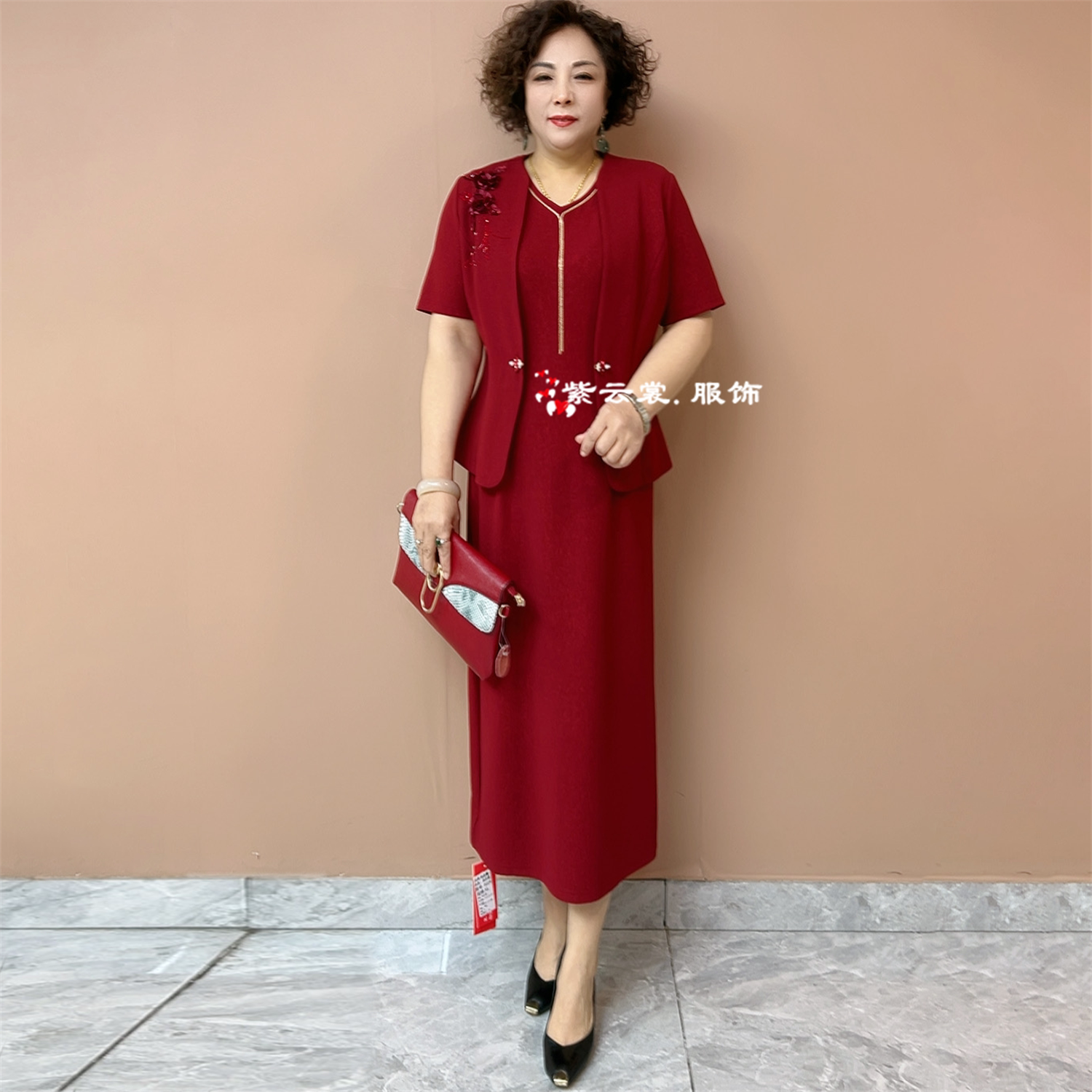夏季喜婆婆婚礼礼服连衣裙新款洋气年轻妈妈高级感婚宴喜服两件套