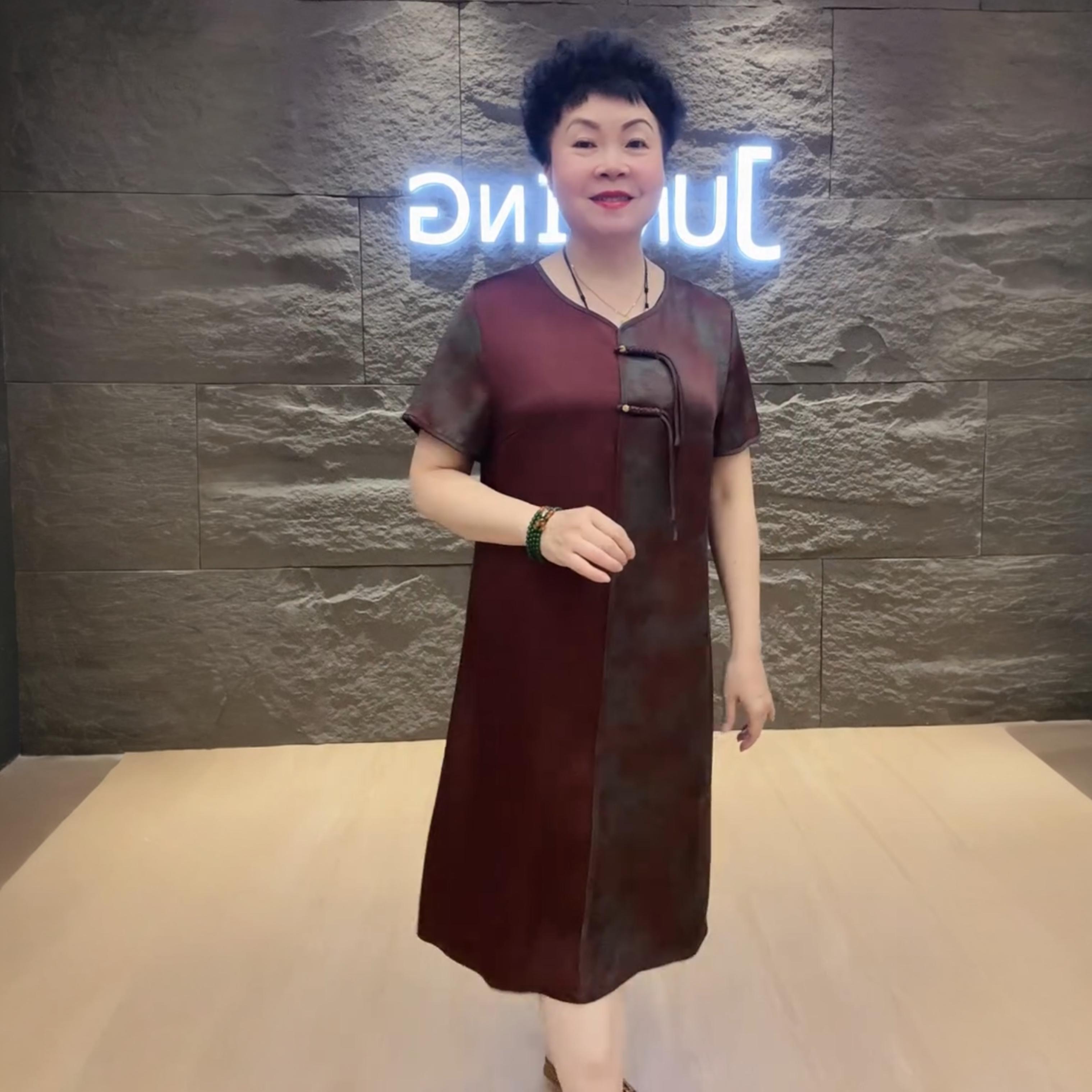 时尚洋气中老年妈妈装夏季国风重磅真丝旗袍连衣裙短袖拼接中长裙