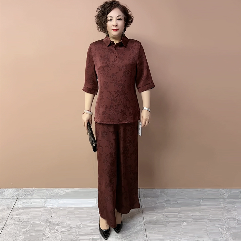 阔太太中老年妈妈夏季时尚真丝提花大码洋气衬衫高腰阔腿裤两件套