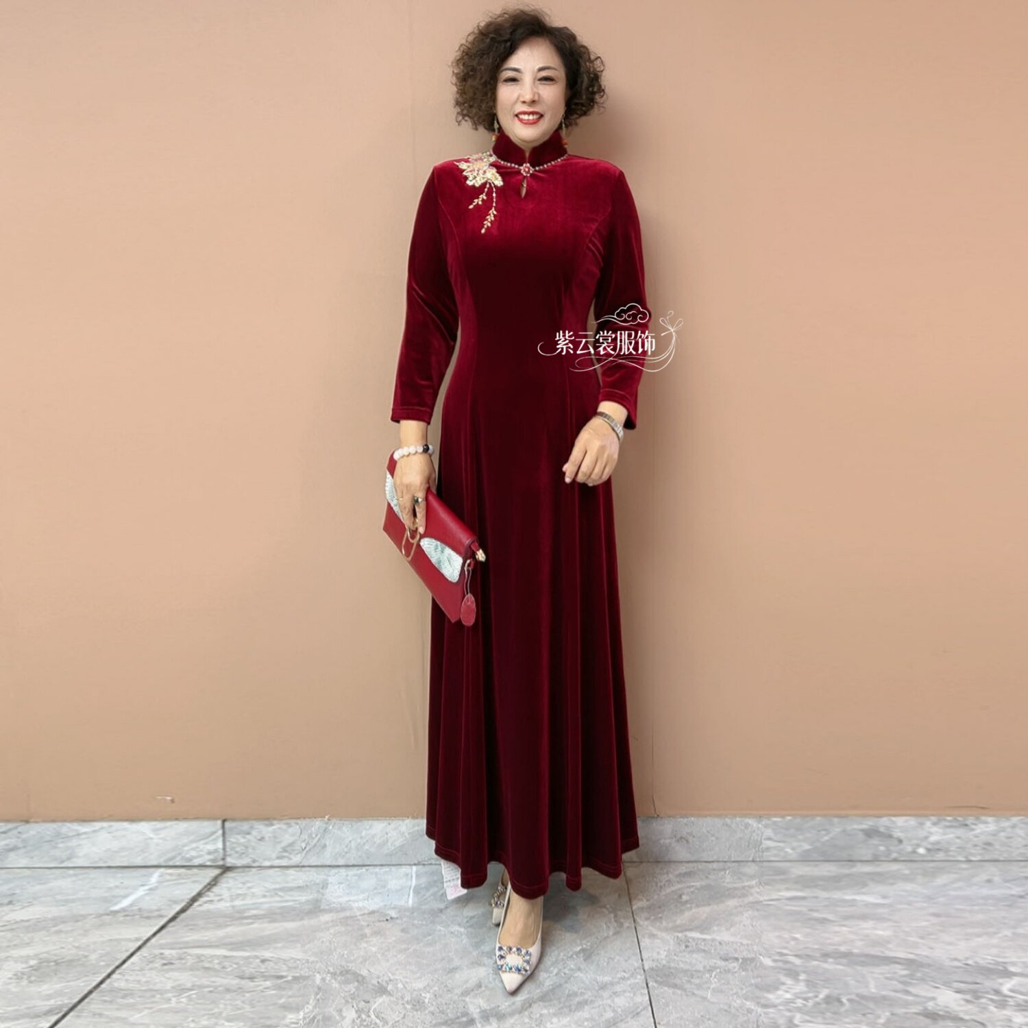 新中式妈妈婚宴礼服秋冬新款时尚洋气高贵喜婆婆结婚礼服连衣长裙