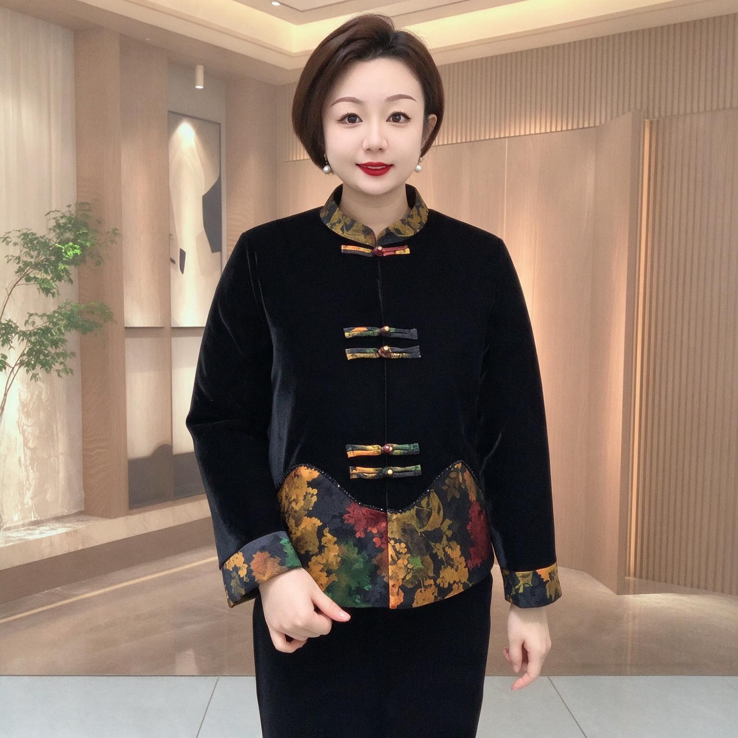 阔太太冬季妈妈丝绒短款拼色棉服中老年加厚保暖奶奶唐装棉袄外套