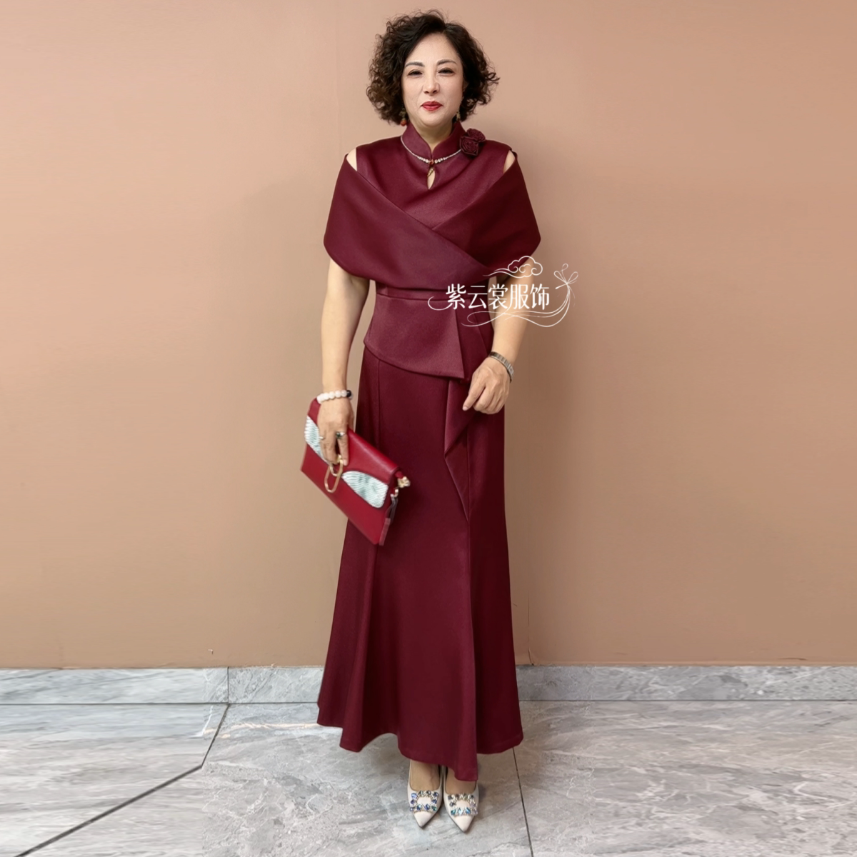 高贵喜婆婆婚宴短袖年轻结婚妈妈礼服醋酸缎长款鱼尾晚礼服连衣裙