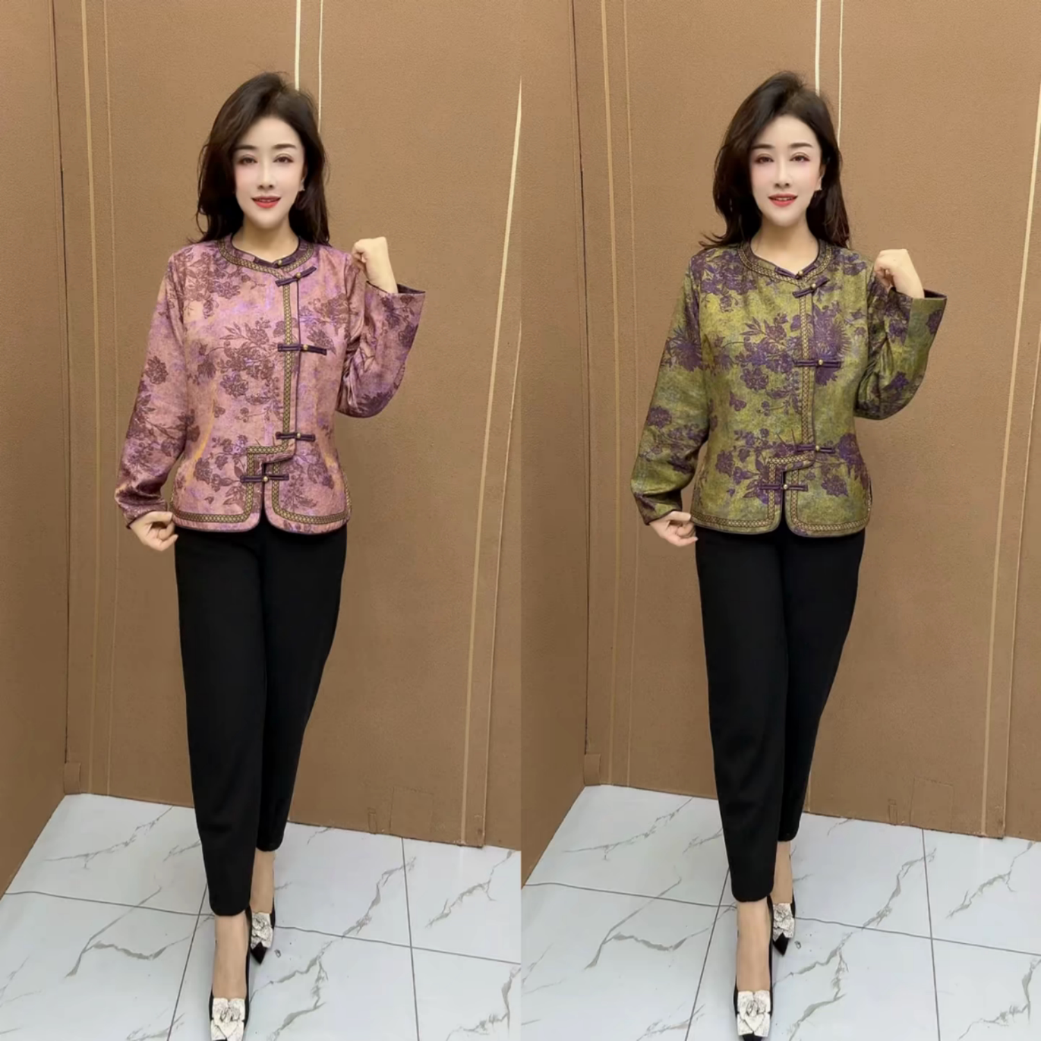 高端中年妈妈新中式改良旗袍盘扣上衣女士真丝缎长袖宽松衬衫外套