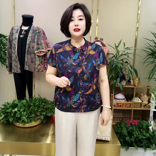 高端夏季国风醋酸短袖洋气旗袍衫上衣复古中年妈妈装宽松遮肉小衫