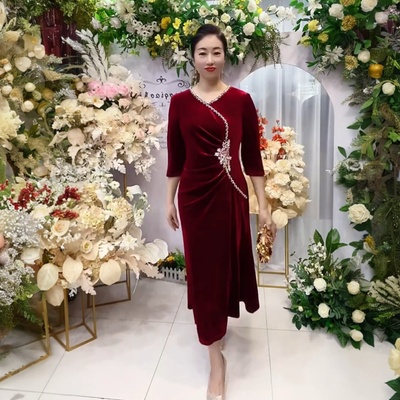 春秋冬镶钻高贵喜婆婆婚宴装礼服气质年轻妈妈旗袍喜服长款连衣裙