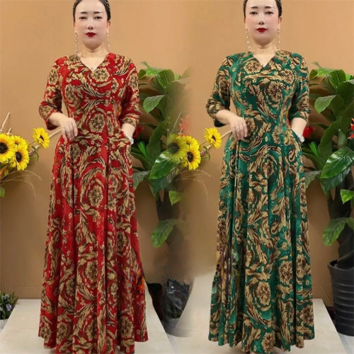 夏季中年妈妈连衣裙女花色冰麻高弹洋气减龄优雅气质碎花大摆长裙
