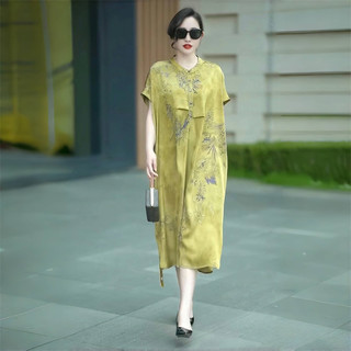 夏季新款复古国风短袖连衣裙时尚宽松大码阔太太妈妈洋气长裙