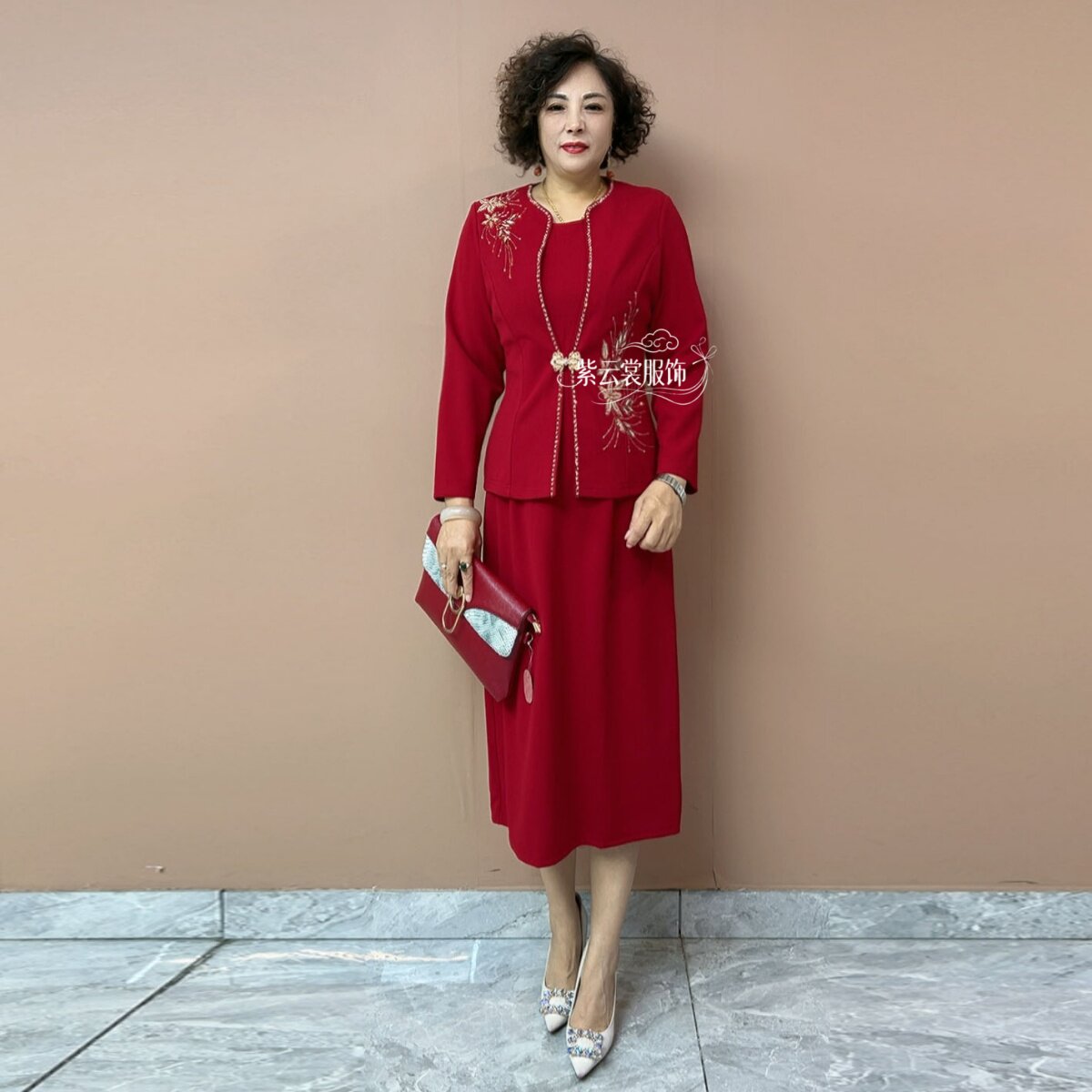 婚宴妈妈礼服两件套酒红色高端气质结婚喜婆婆结婚礼服显瘦连衣裙
