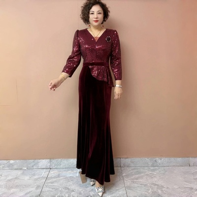 高端气质喜婆婆结婚礼服年轻妈妈金丝绒连衣裙洋气鱼尾晚礼服长裙