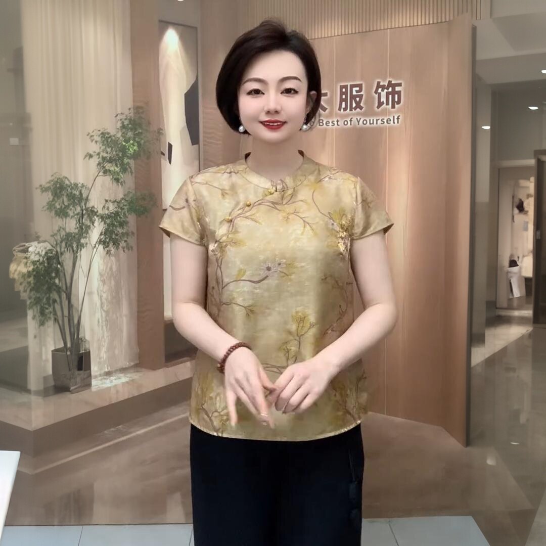 国风夏季时尚中老年妈妈装立领醋酸提花旗袍宽松遮肉显瘦小衫上衣