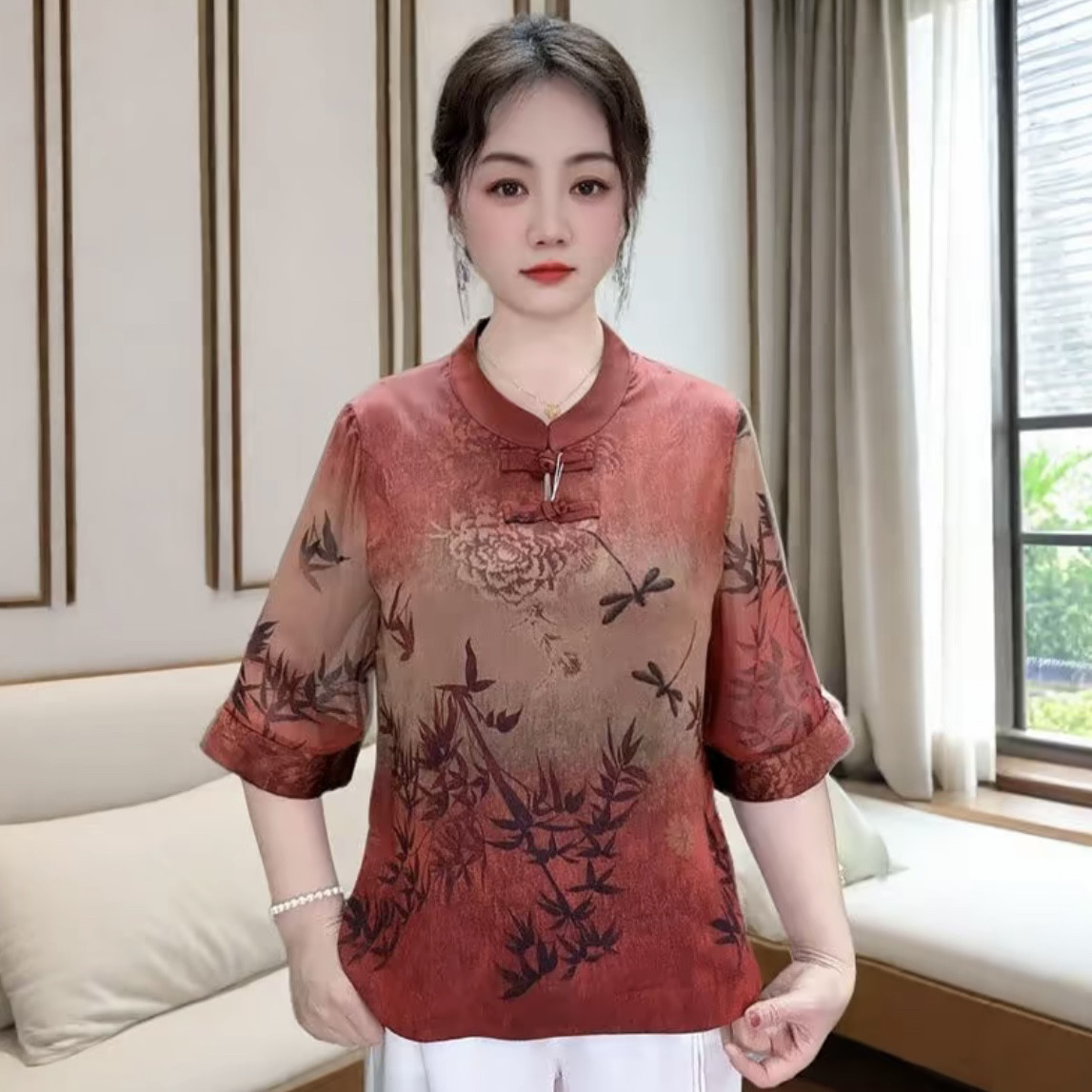 夏季国风真丝印花妈妈装洋气大码衬衫遮肉显瘦气质立领旗袍衫上衣