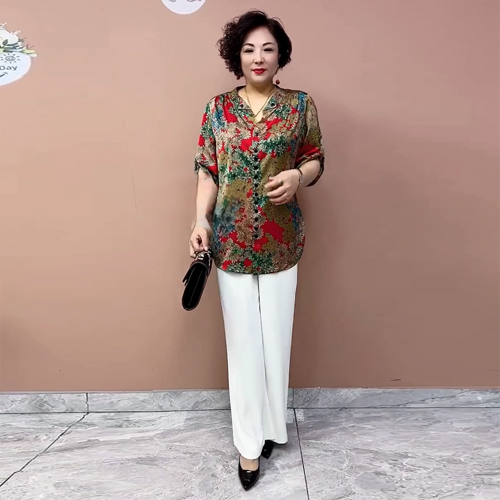 夏季高端中老年妈妈真丝桑蚕丝套头大码衬衫时尚减龄宽松遮肉上衣